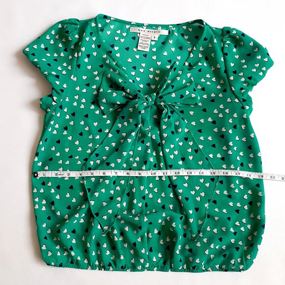 MAX STUDIO Puffy Sleeve Blouse with Bow Detail in Teal Green with Heart Print - Picture 11 of 15